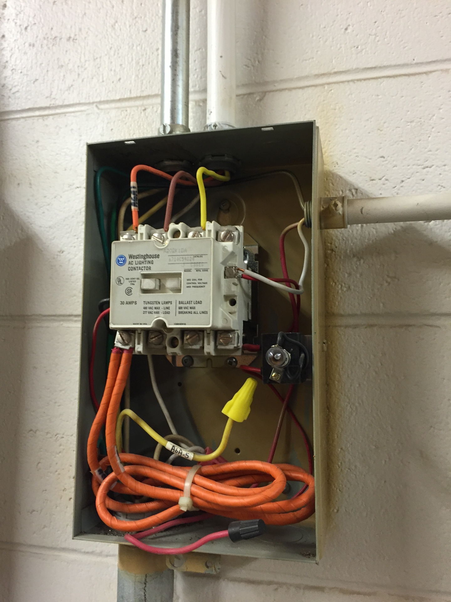 Westinghouse AC lighting contactor wired inside utility enclosure