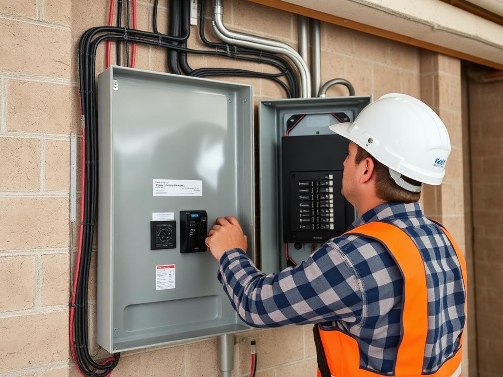 Electrician installing electrical panel and breaker box