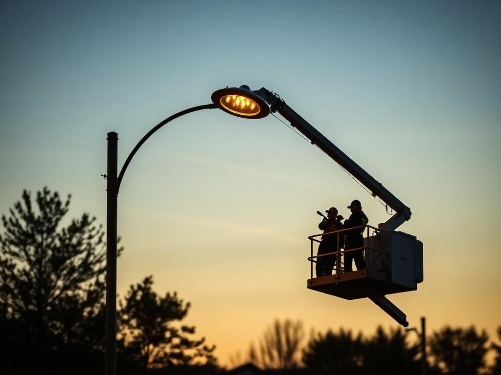 Streetlight installation with bucket truck at dusk
