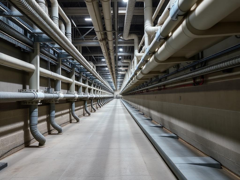 Industrial conduit pathway along facility wall