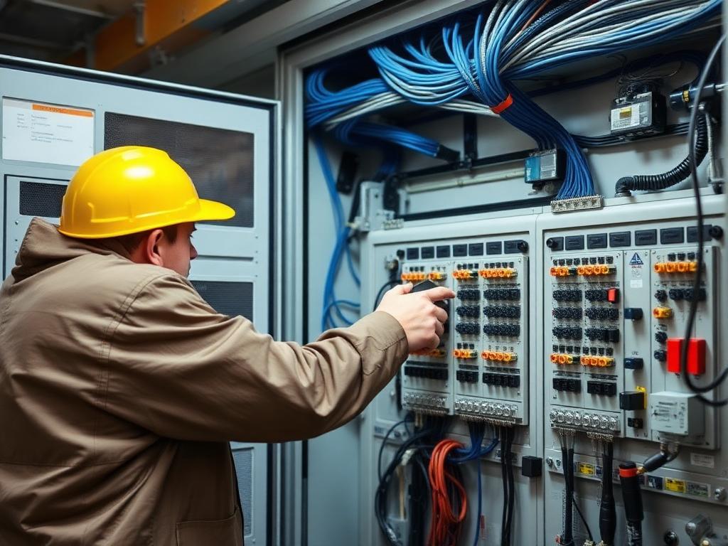 Electrician working on motor control center cabinet